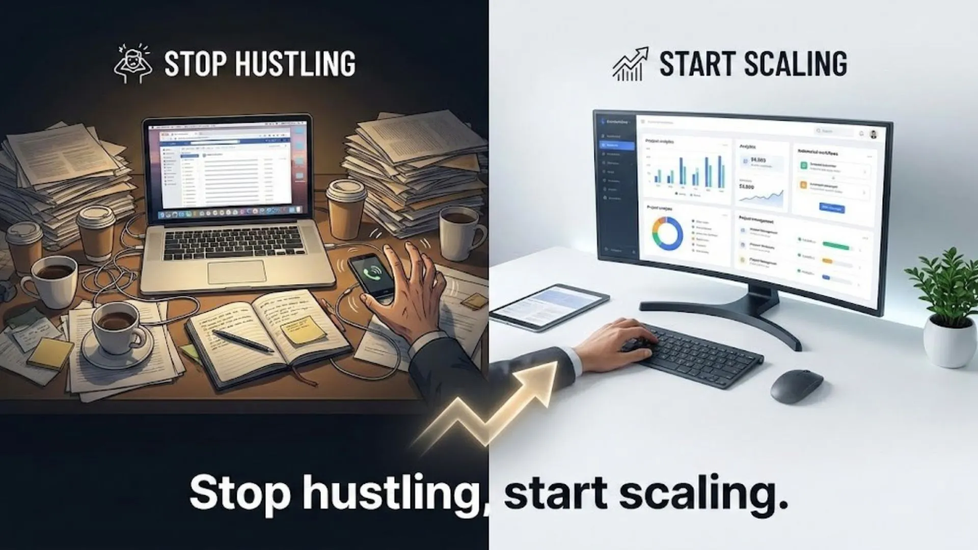Comparison of a chaotic manual workflow versus a streamlined Expert AI Prompts workflow.