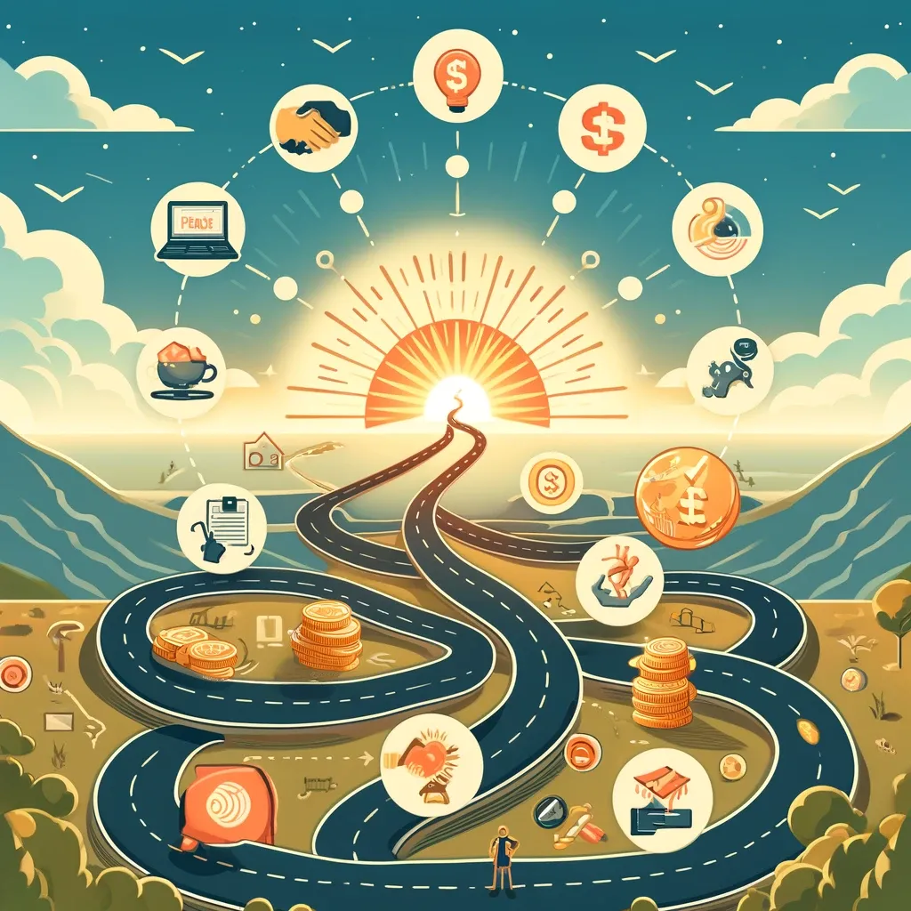 An infographic illustrating a freelancer's path through the gig economy, marked by icons like a laptop, coin stacks, a handshake, and a lightbulb, leading towards a bright horizon, encapsulating the blog post's themes of overcoming challenges and seizing opportunities.