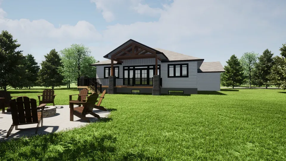 Modern white house with black window frames, a covered front porch supported by wooden and stone beams, set on a spacious green lawn with surrounding trees and a patio area featuring wooden Adirondack chairs around a fire pit.