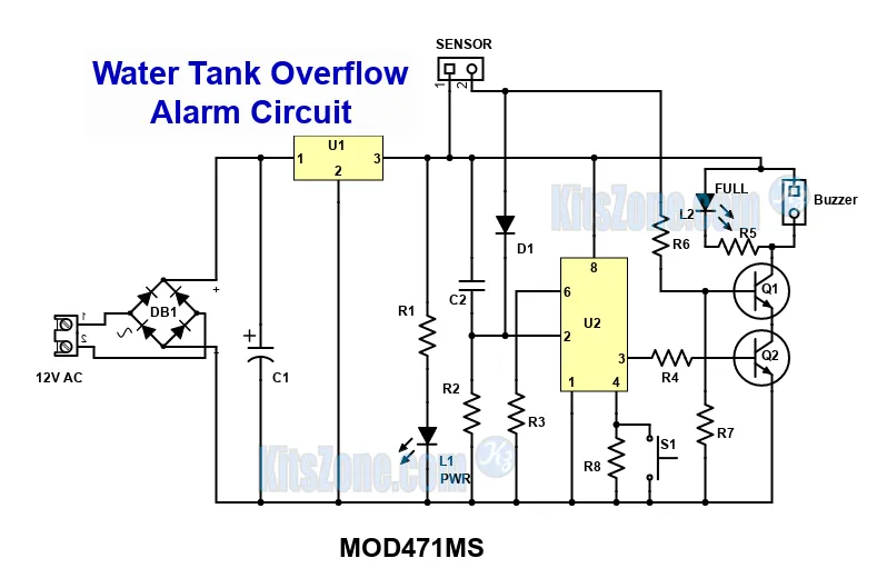 Water Tank Full & Low Level Alarm Circuit With Momentary Switch To Turn Off The Alarm