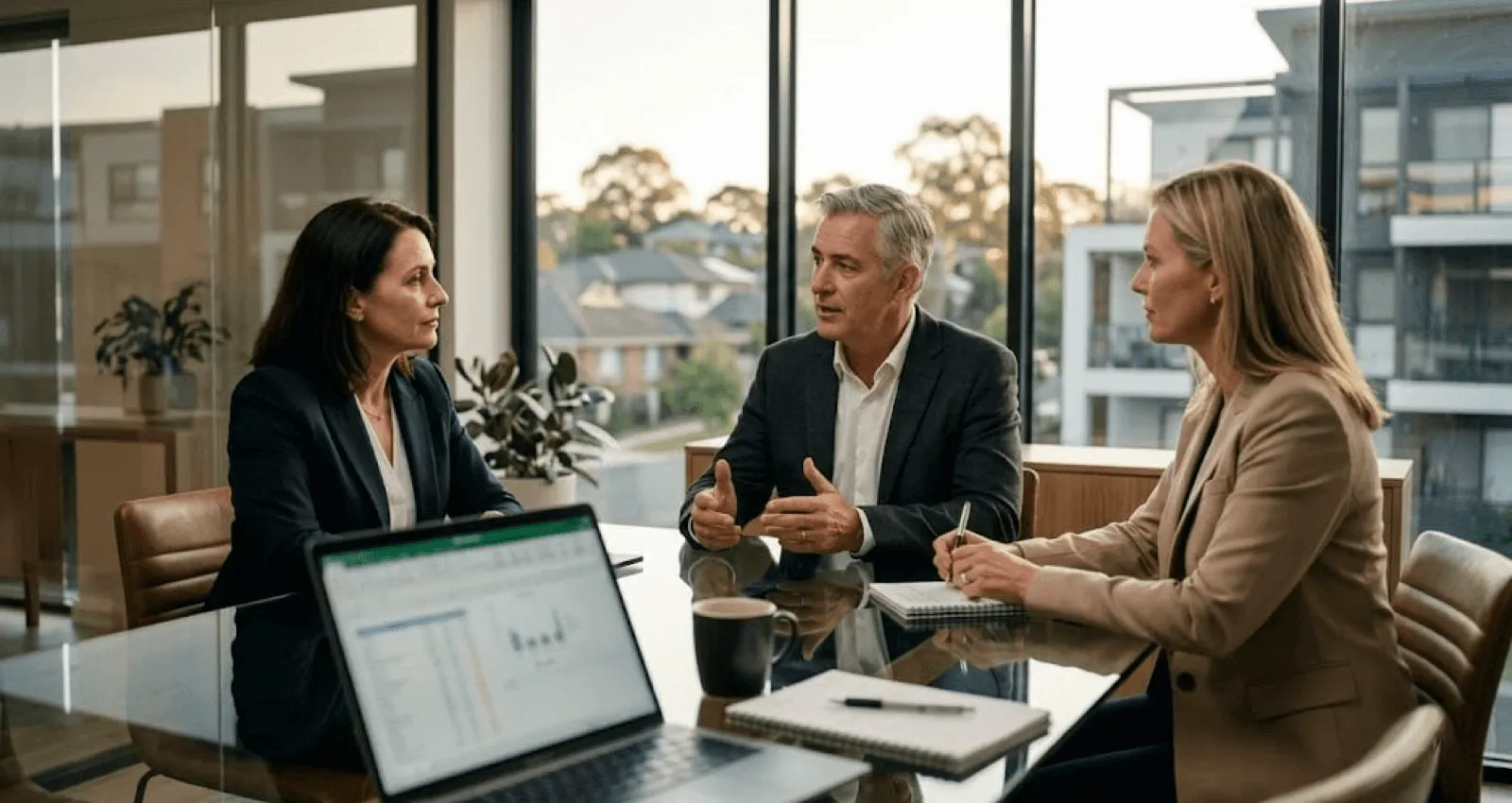 <alt=“Professionals planning corporate housing budget and employee relocation strategy in a modern office environment.”>