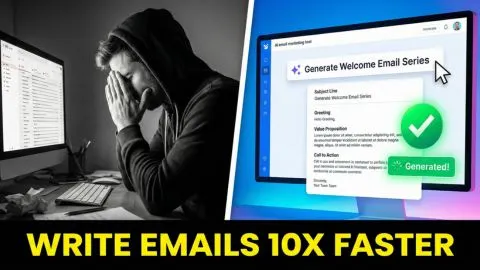 Split screen showing stressed email marketer versus productive marketer using AI prompts.