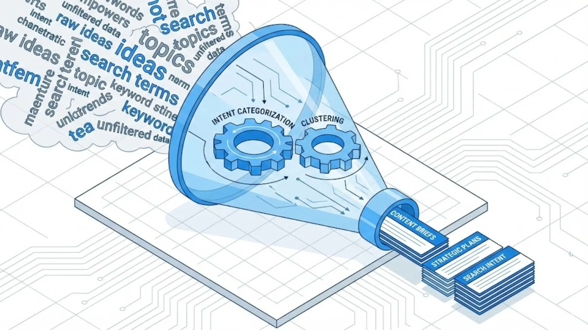 An illustration of an AI keyword research funnel organizing search terms into SEO content briefs.