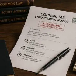 Council tax enforcement notice, property paperwork, checklist, pen, and Notice Club notebook on a wooden desk, showing a calm structured approach to property-related correspondence.