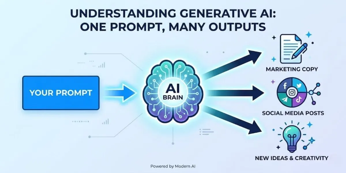 A graphic explaining Generative AI: a single prompt enters an AI brain and creates multiple business assets, like marketing content and new ideas.