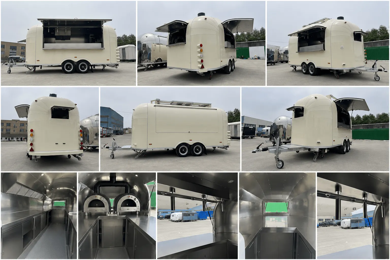 Airstream gastrotrailer 500 cm v krémovej bielej, dvojnápravový s nerezovým interiérom, dvoma pizza pecami a výdajnými oknami