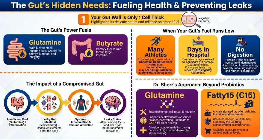 This is an infographic titled “The Gut’s Hidden Needs: Fueling Health & Preventing Leaks,” which explains the critical role of cellular fuel—especially glutamine and butyrate—in maintaining gut health. It begins by highlighting that the gut wall is only one cell thick, making it vulnerable without proper nourishment. The infographic shows glutamine as the main fuel for small intestine cells and butyrate as the primary energy source for the large intestine. It describes how glutamine depletion—common in athletes, hospital patients, and people under chronic stress—can impair digestion and gut function. A flowchart illustrates the cascade of consequences: insufficient fuel leads to leaky gut, systemic inflammation, and eventually a “leaky brain” with mood and cognitive symptoms. The bottom section presents Dr. Sherr’s approach beyond probiotics, emphasizing glutamine for gut repair and neurotransmitter support, and introduces Fatty15 (C15), a saturated fat supplement that supports overall health. The infographic encourages focusing on root causes and fuel sources to promote lasting gut health.