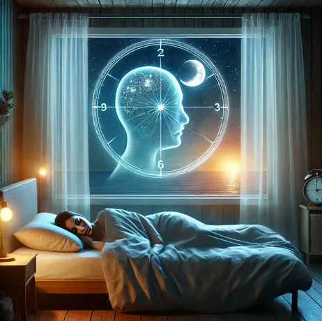 A peaceful bedroom scene with a person in deep, restful sleep. A window shows a serene night sky with stars, and a subtle overlay of a clock symbolizes sleep chronotypes and the body's internal rhythm