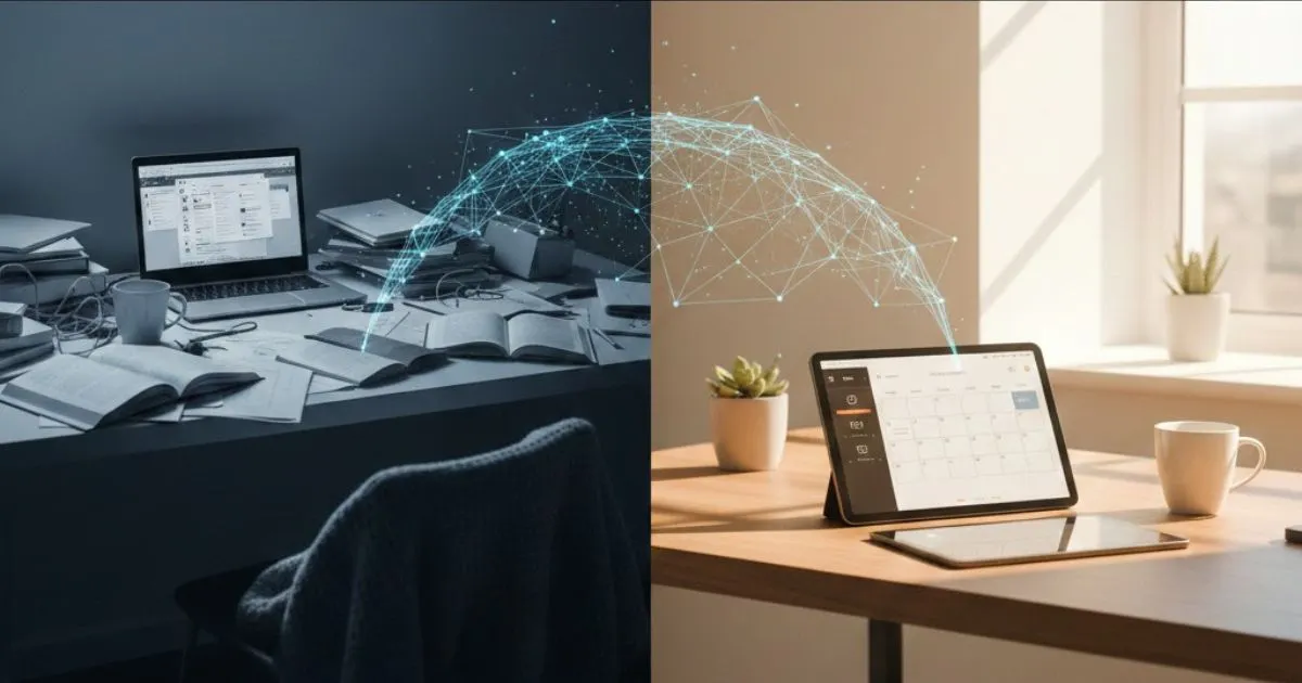 Split screen comparing a messy stressed office desk with a clean organized workspace achieved through time management AI.