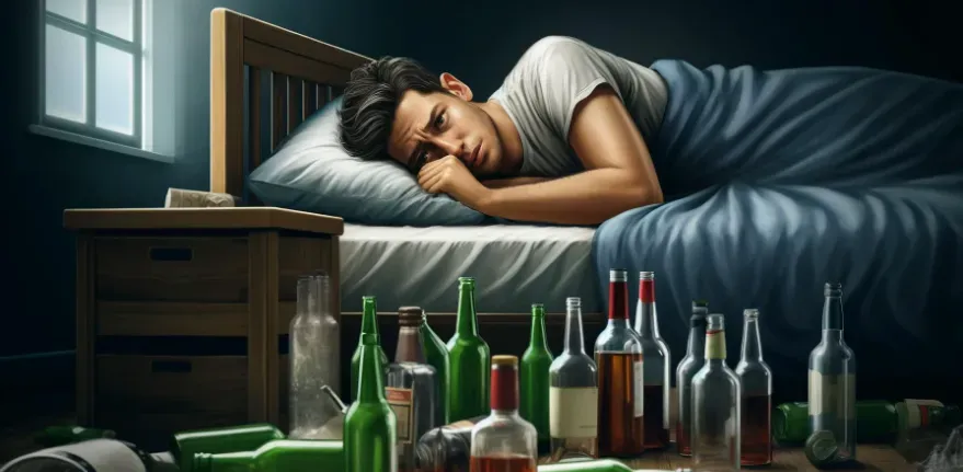 A person in bed who is restless and surrounded by empty alcohol bottles. 