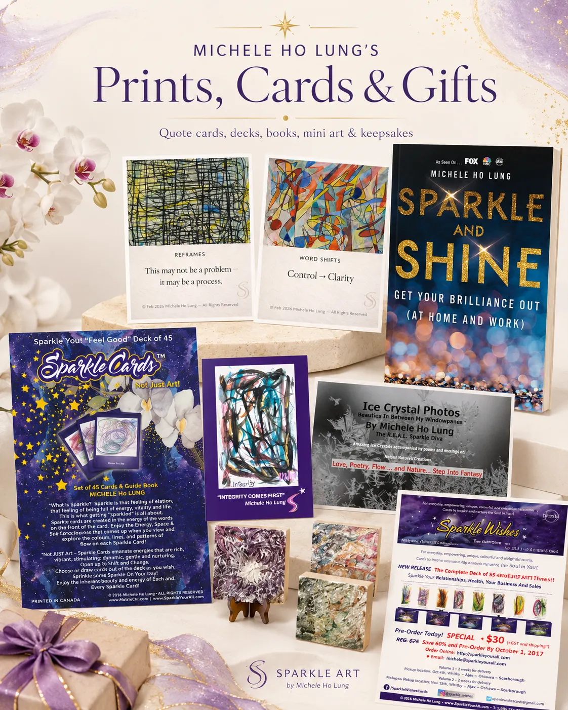 Collage of prints, cards, gifts, books art collection