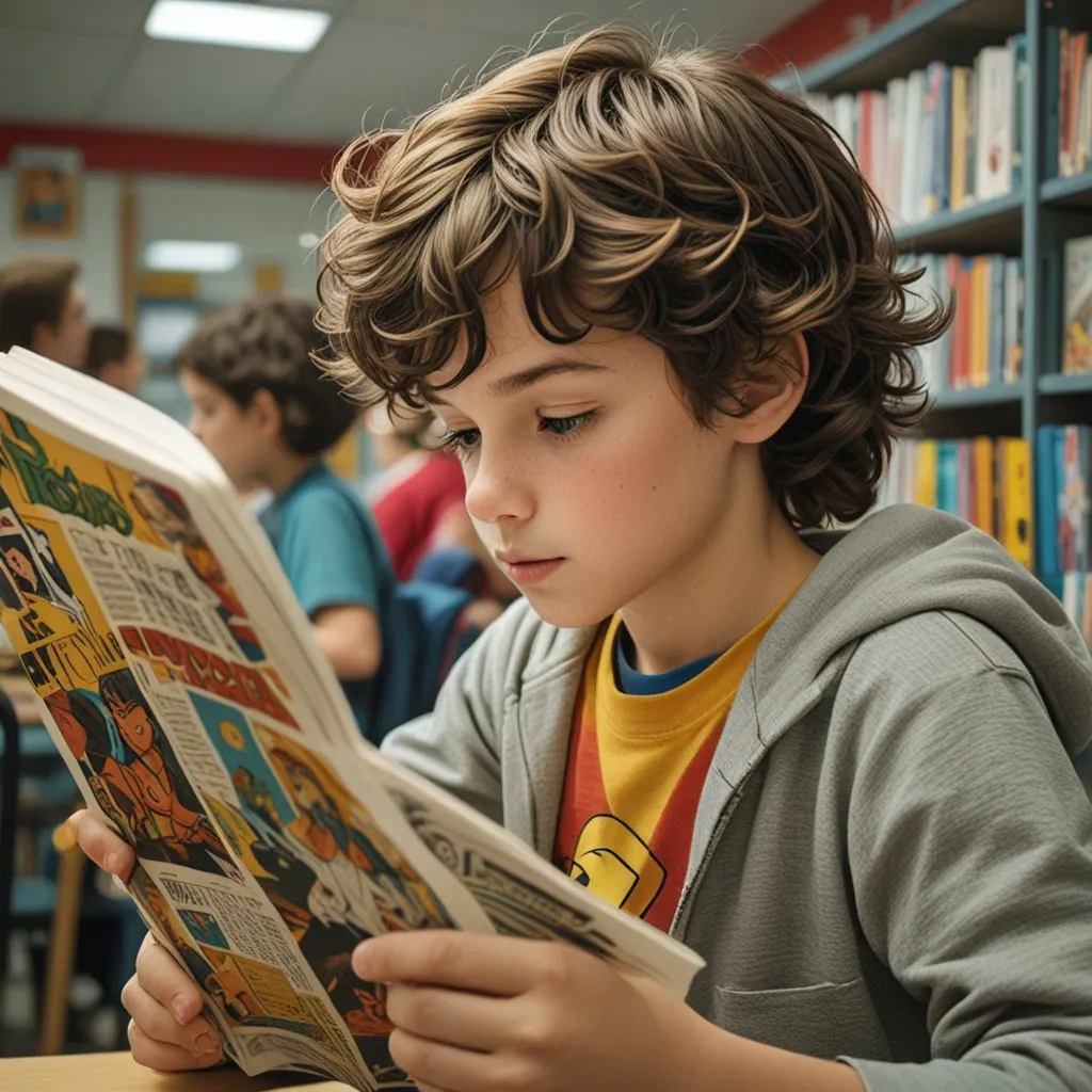 A boy reading a book in library