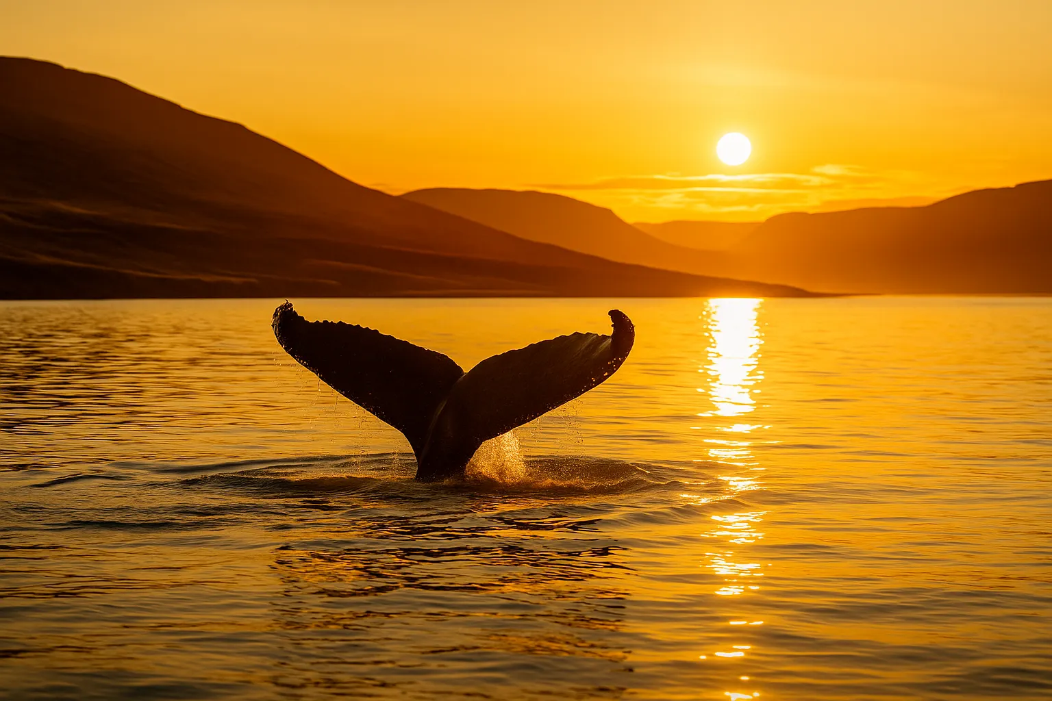 Humpback whale surfacing in golden fjord waters near Akureyri under the midnight sun