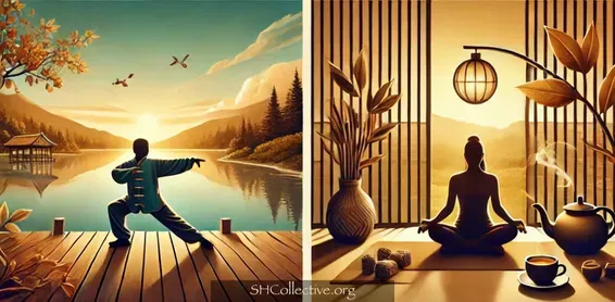 A serene split-image composition featuring Tai Chi by a tranquil lakeside at sunrise and a peaceful indoor yoga meditation scene with tea and soft lighting, symbolizing mindful movement, relaxation, and longevity.