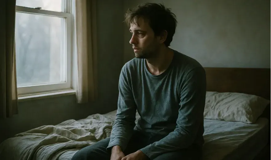 A person sitting on the edge of their bed in soft morning light, looking out a window with visible signs of depression but a glimmer of contemplation.