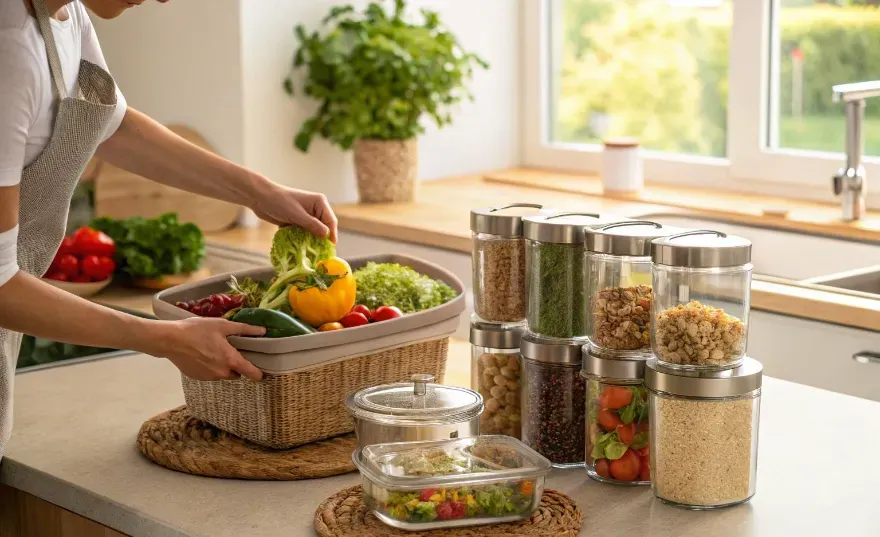 Kitchen with glass and steel food containers promoting healthy storage practices.