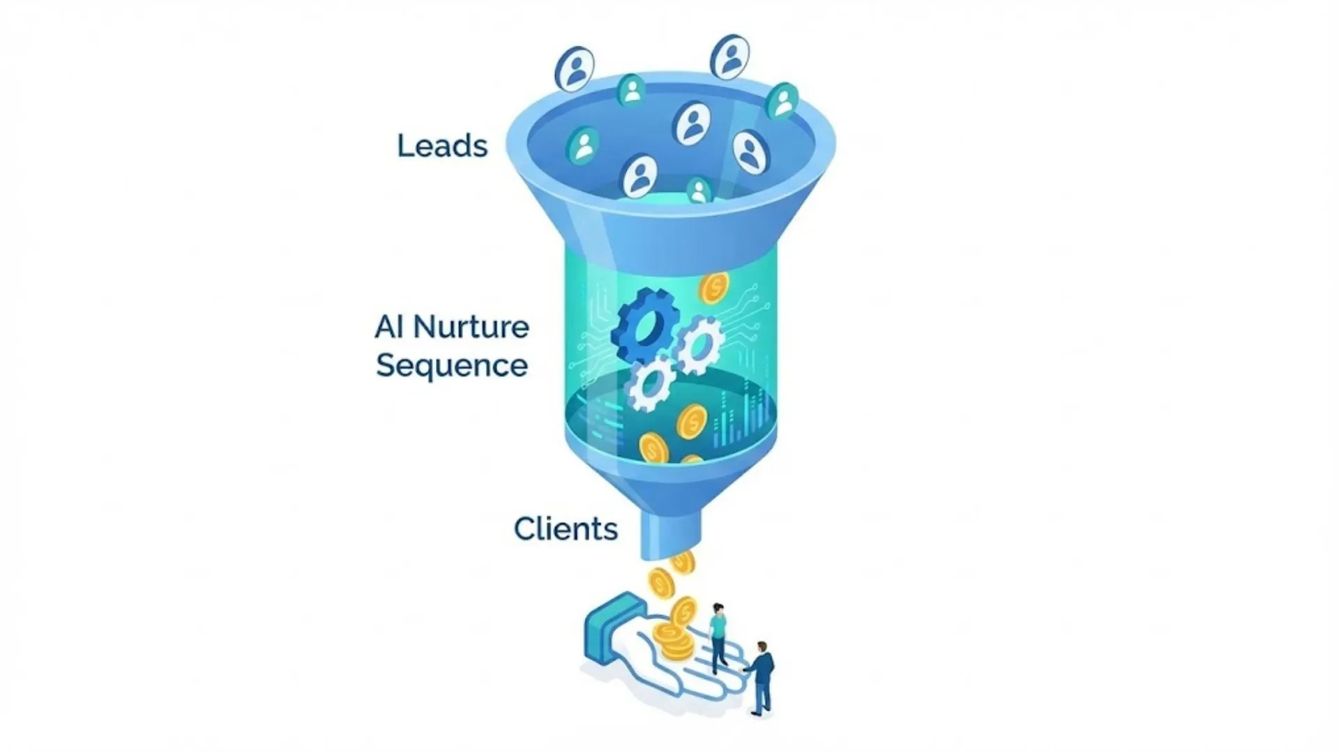  Isometric diagram showing how automated nurture sequences convert leads to clients.