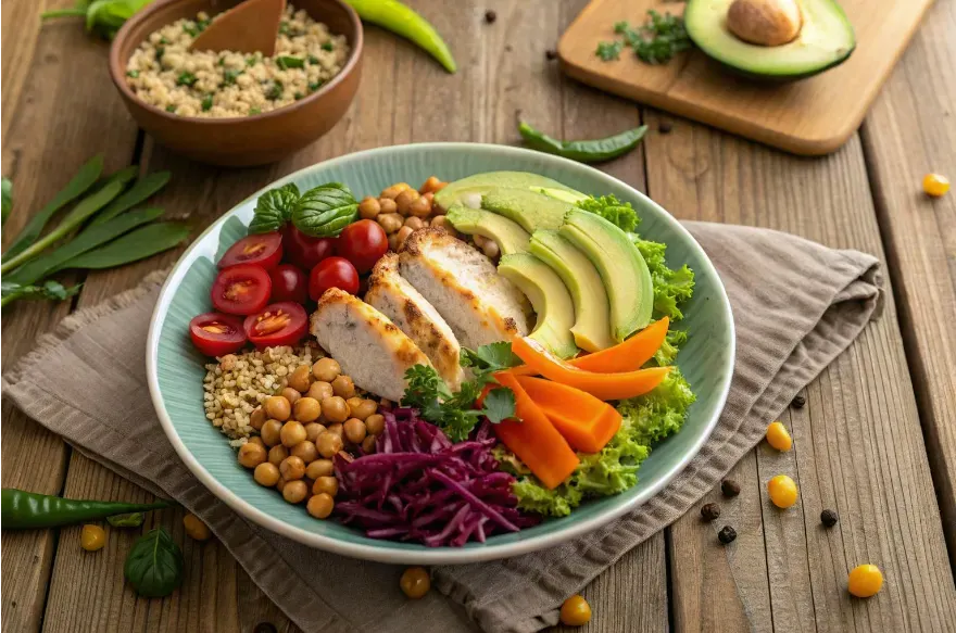 Plate of colorful, protein-rich and fiber-rich foods