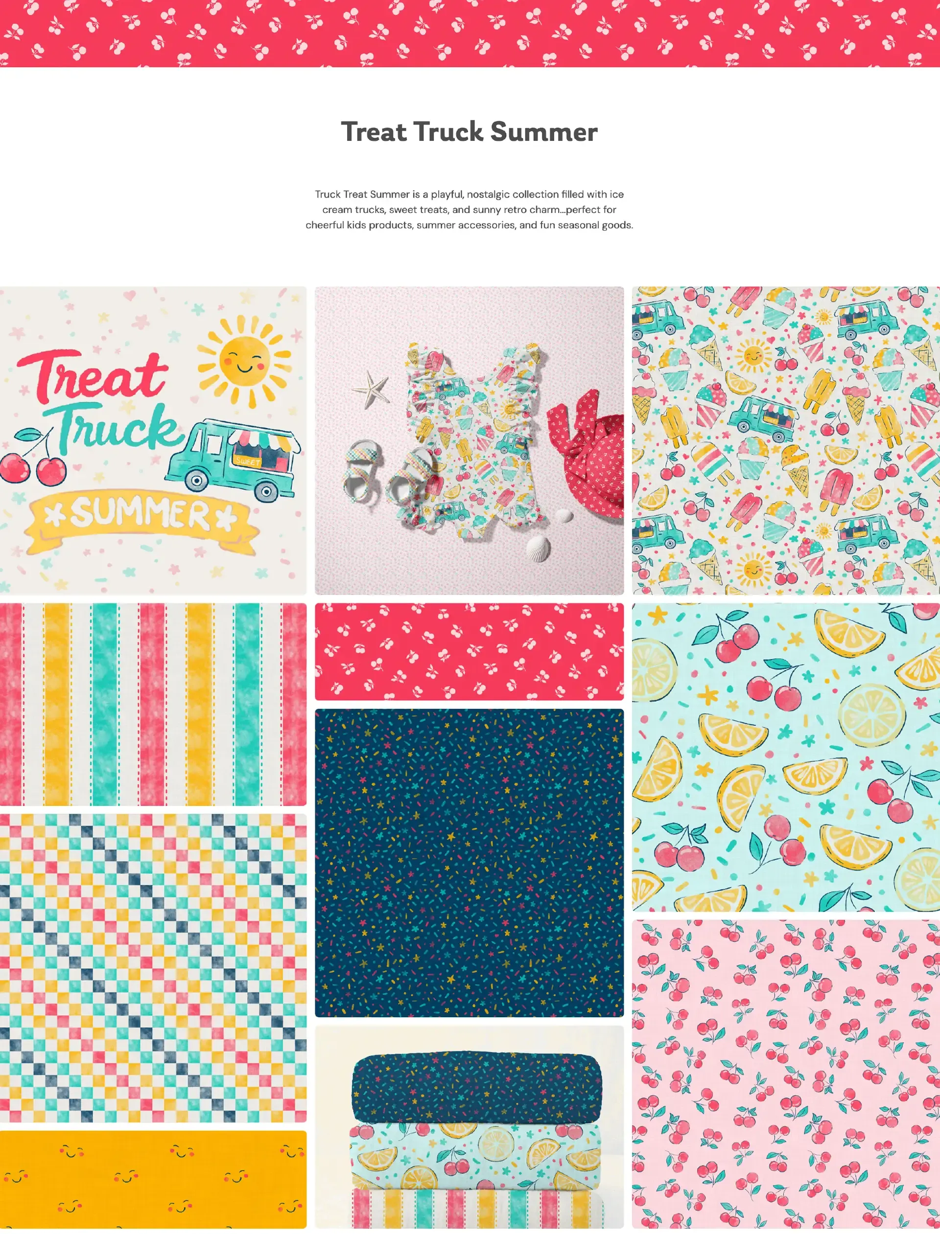 Treat Truck Summer collection page featuring playful retro-inspired surface pattern designs, including an ice cream truck logo, a children’s romper mockup, sweet treat prints, stripes, cherries, lemons, and colorful coordinating patterns in pink, aqua, yellow, and navy.