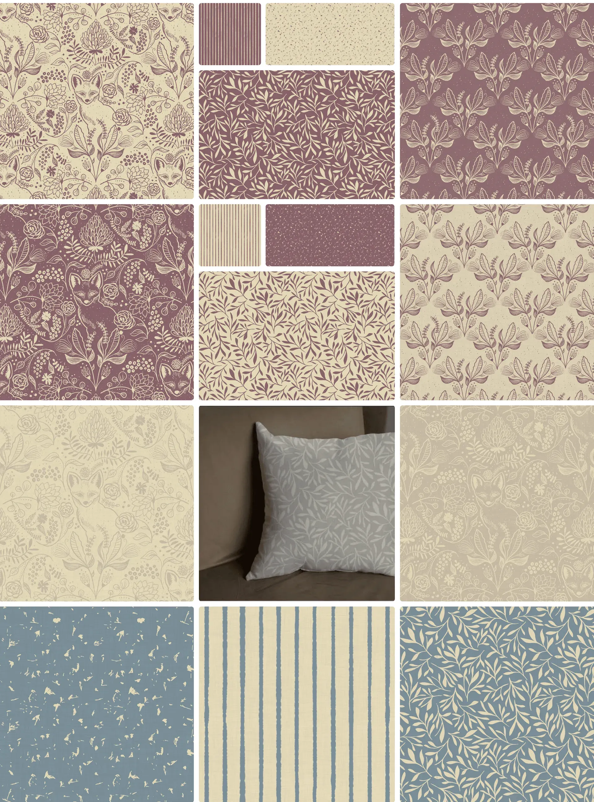 Woodland Whimsy collection board featuring hand-drawn fox and botanical repeat patterns in warm terracotta, cream, plum, and soft seafoam green, with stripe and speckled coordinates, collection logo, descriptive text, and a bedroom mockup showing the patterns styled as wallpaper and bedding.