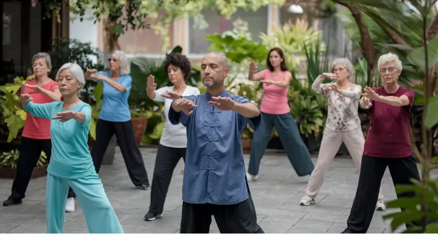 Older adults practicing tai chi outdoors, highlighting benefits of low-intensity exercise for cognitive function.