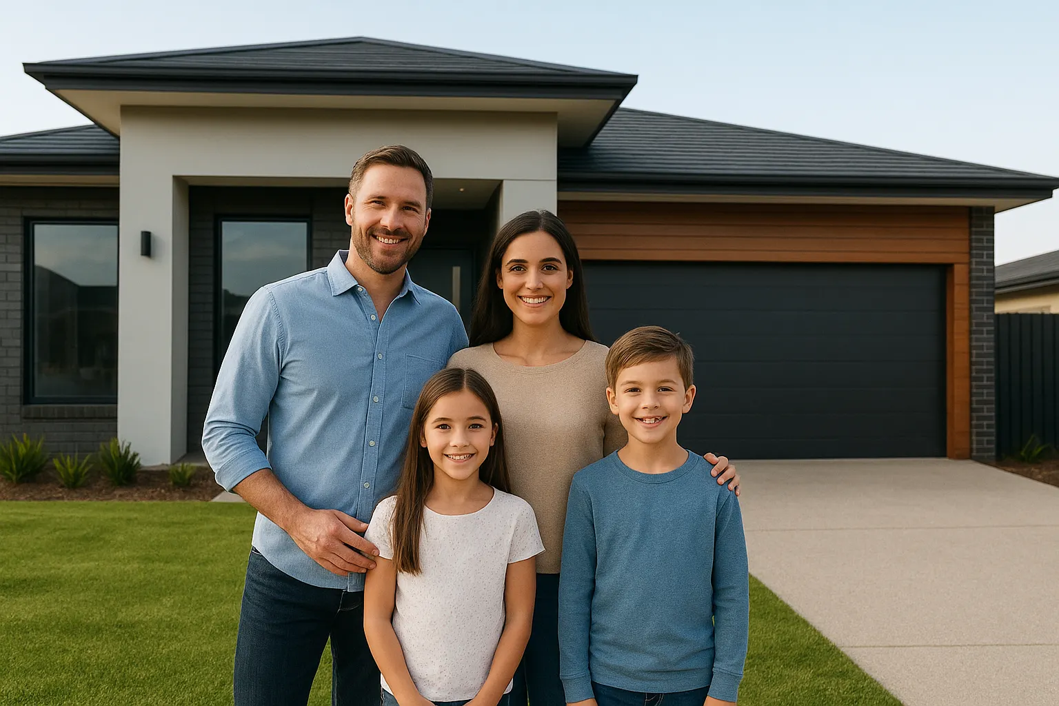 Happy family in front of their newly built home
