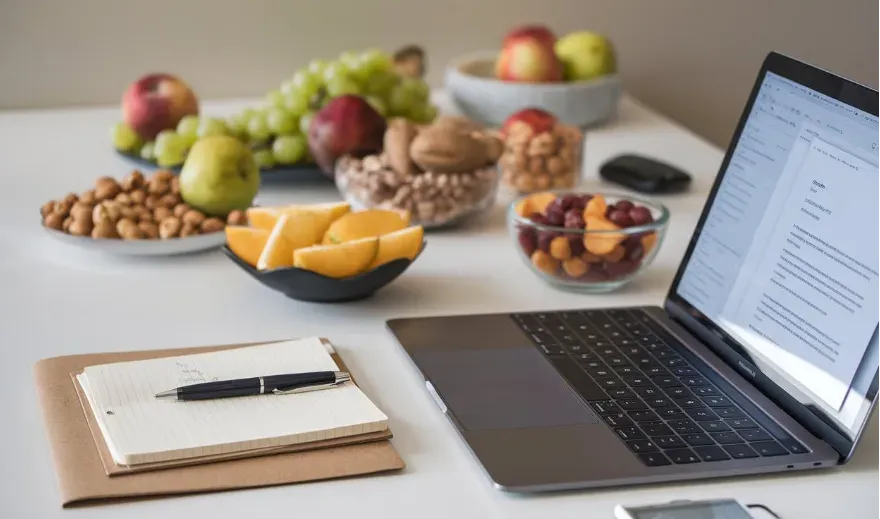 a workplace desk adorned with organized healthy snacks, like fruits and nuts, alongside a laptop. 