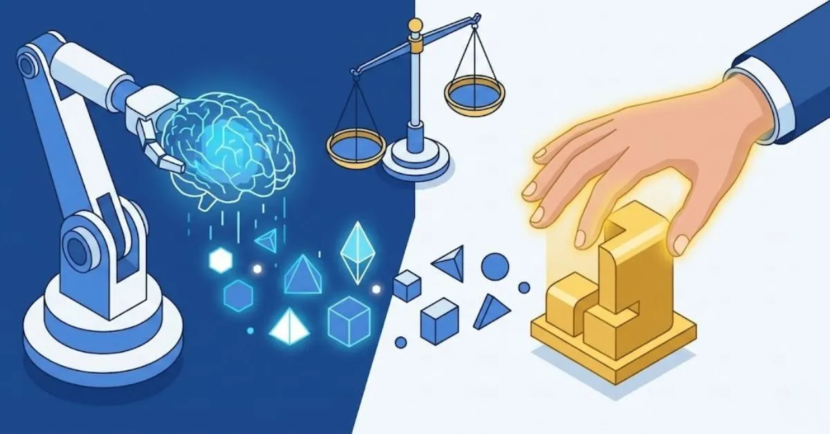 Visual metaphor of ai regulation balancing artificial intelligence with human creativity.