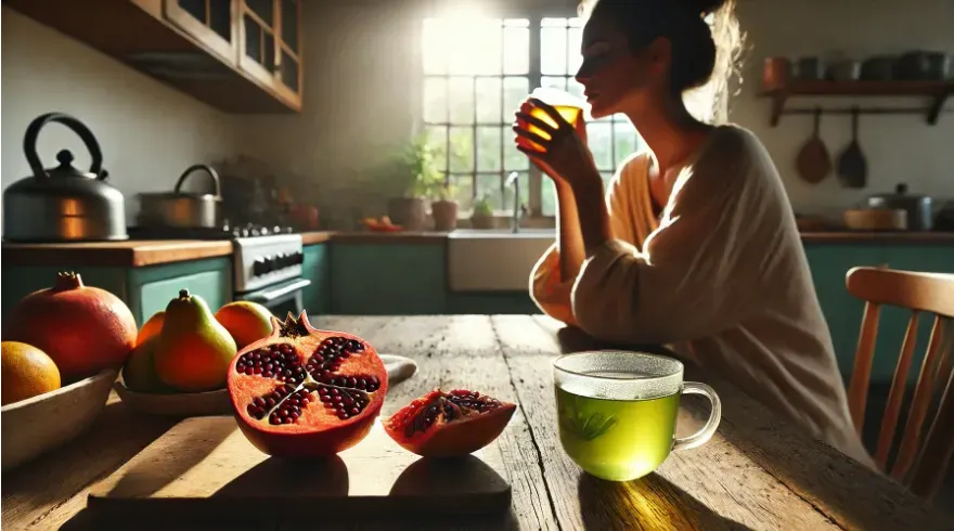 A calming scene with a woman sipping a glass cup of freshly brewed green tea set in a sunlit kitchen. On a rustic table is a split-open pomegranate fruit with its jewel-like seeds glistening. there is also a bowl of papayas on the table.