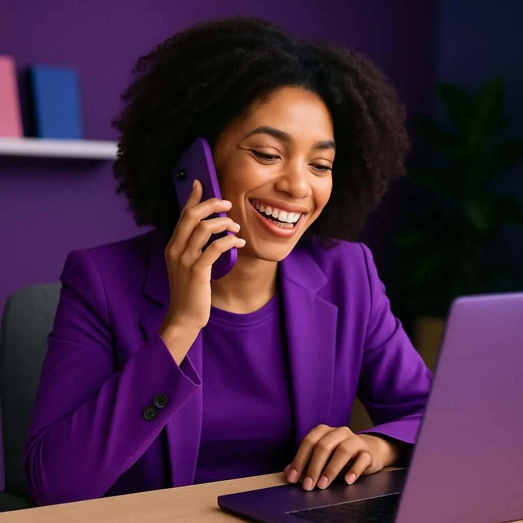 <alt=“A smiling business professional making a phone call, representing modern marketing support and customer experience strategy, with subtle brand colors and 8K clarity.”>
