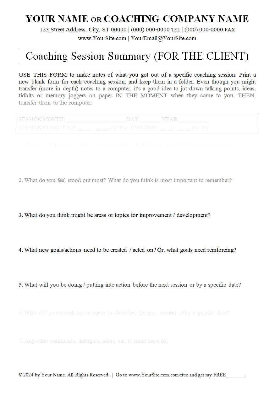 Coaching Session Summary Forms (Coach+Client) (2 PAGES)