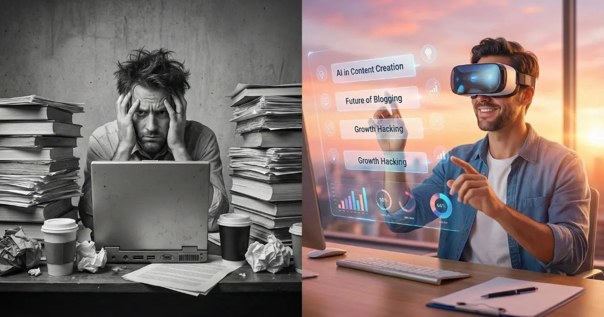 Comparison of a stressed entrepreneur versus a relaxed business owner using AI for bloggers to manage content.