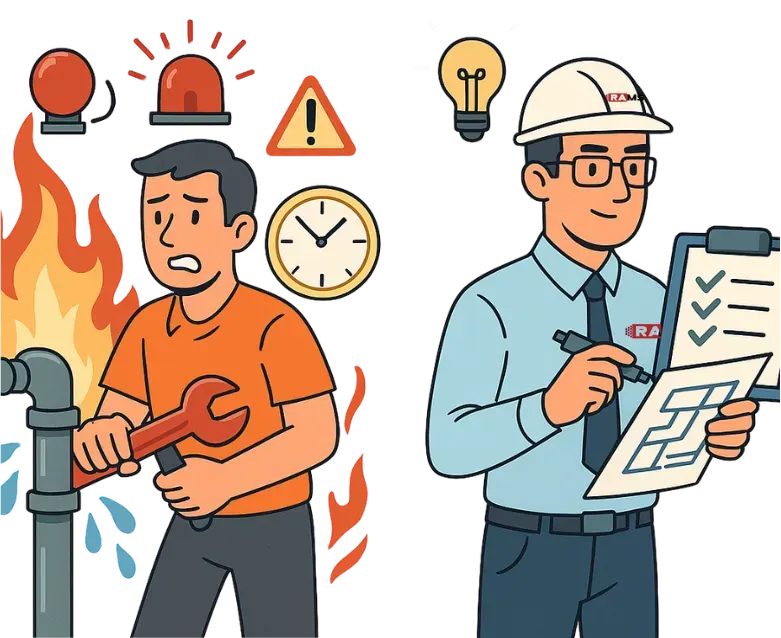 Comparación entre un técnico reactivo y un líder resolutivo: el primero apaga incendios bajo presión, el segundo aplica métodos y lidera con planificación y análisis de datos.