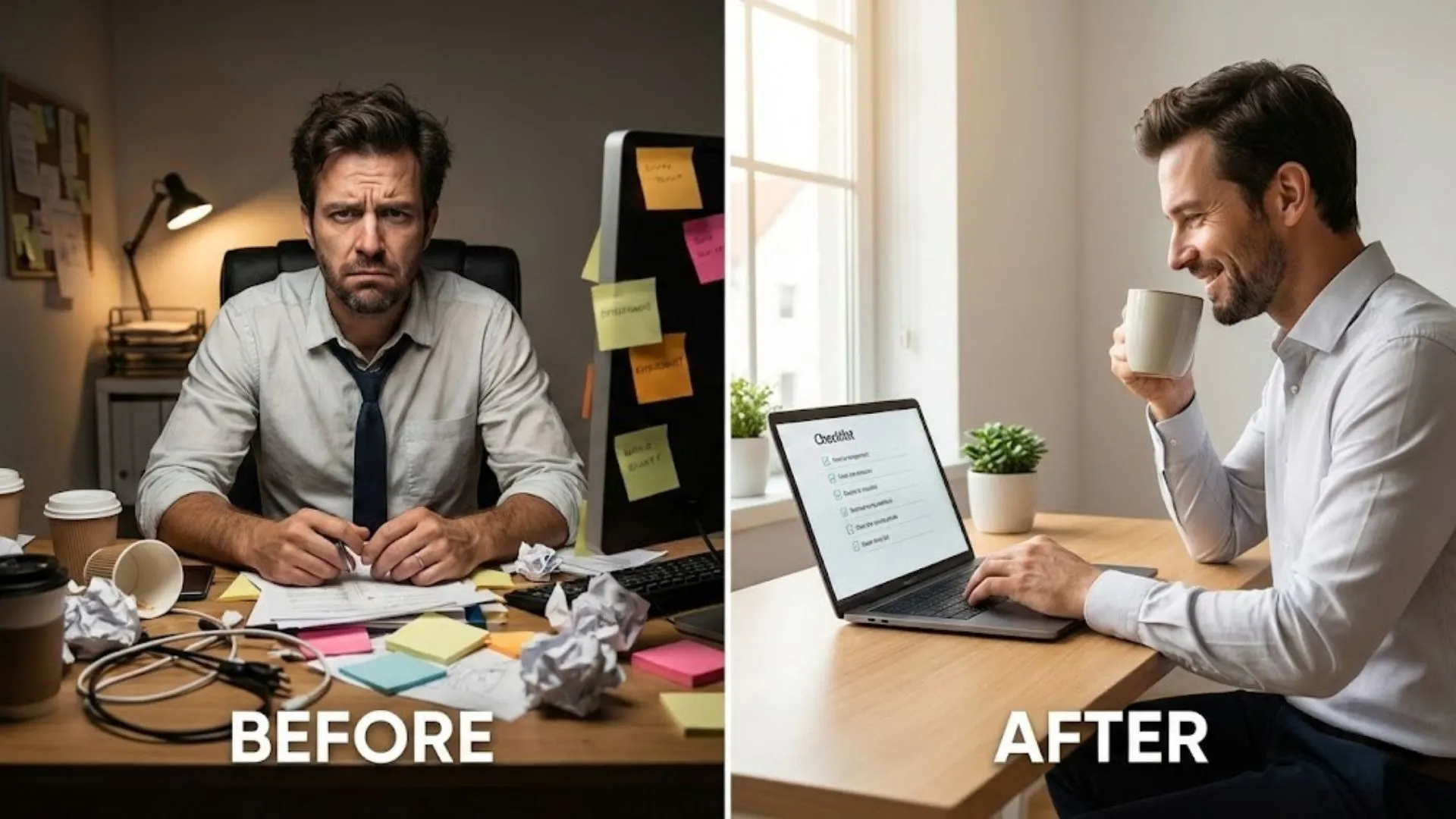 Entrepreneur transforming from stressed to organized after using expert AI prompts.