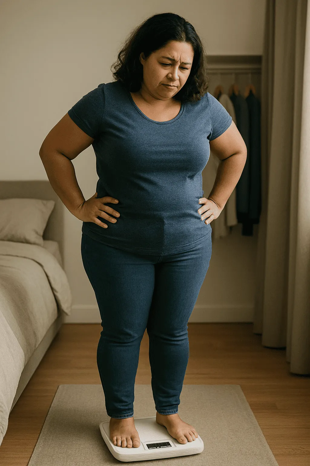 obesa triste ao olhar o número da balança enquanto se pesa  Entende que a busca por essas alternativas restritivas e perigosas que prometem emagrecimento rápido pode ser uma tentativa desesperada após tentar opções mais leves?