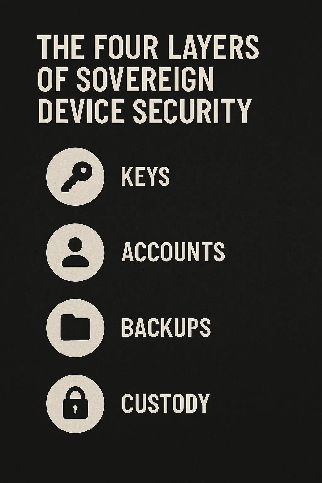 Diagram showing the Four Layers of Sovereign Device Security arranged in a vertical stack: Keys, Accounts, Backups, and Custody — representing the layered checkpoints required for full device sovereignty.