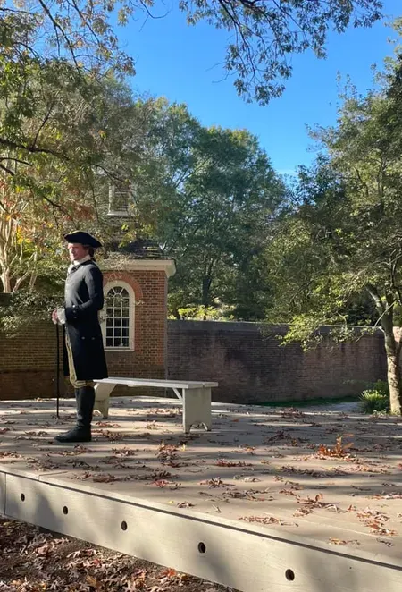 Kurt Smith portraying Thomas Jefferson on stage in Colonial Williamsburg