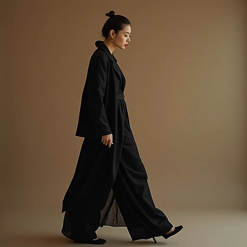 Asian model wearing black outfile