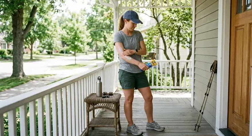 Woman applying sunscreen outdoors before sun exposure.