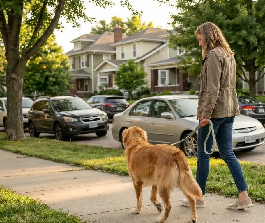 Dog walking calmly on leash beside owner during maintenance dog training walk in Kansas City neighborhood