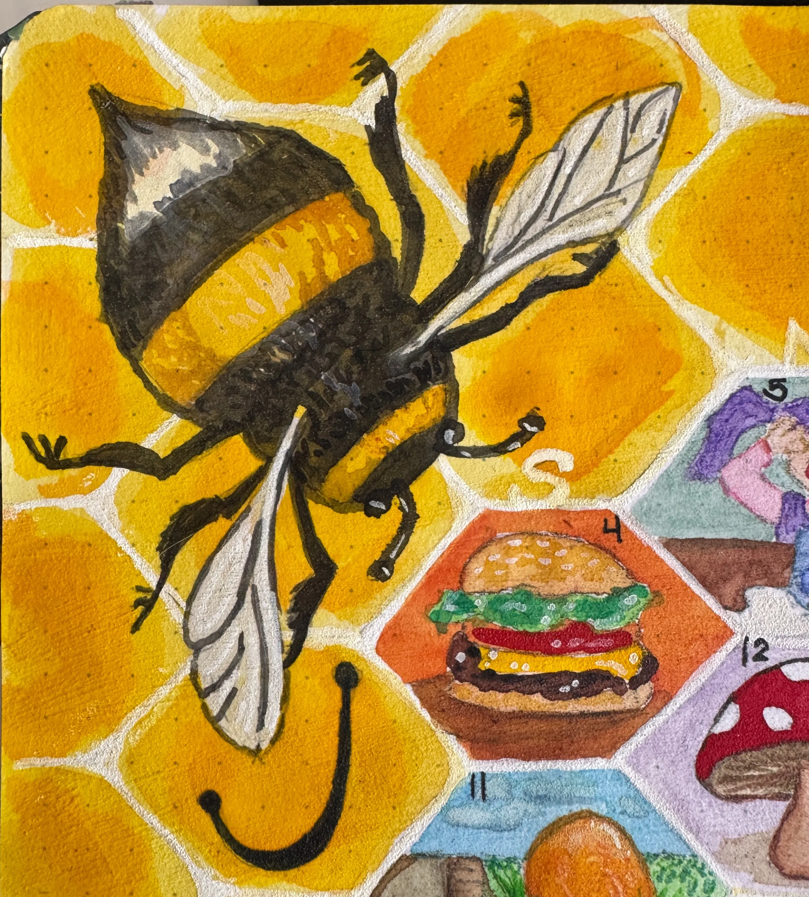 watercolor and ink illustration of a bee and a cheeseburger, by Artist Donna Fox