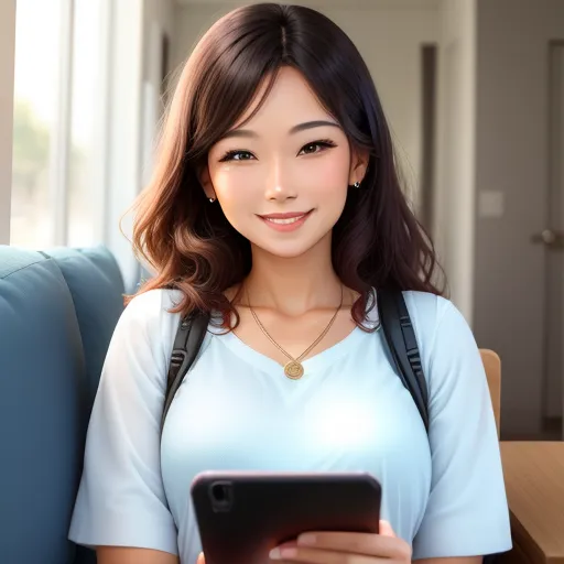 woman smiling looking at her mobile phone in her hand