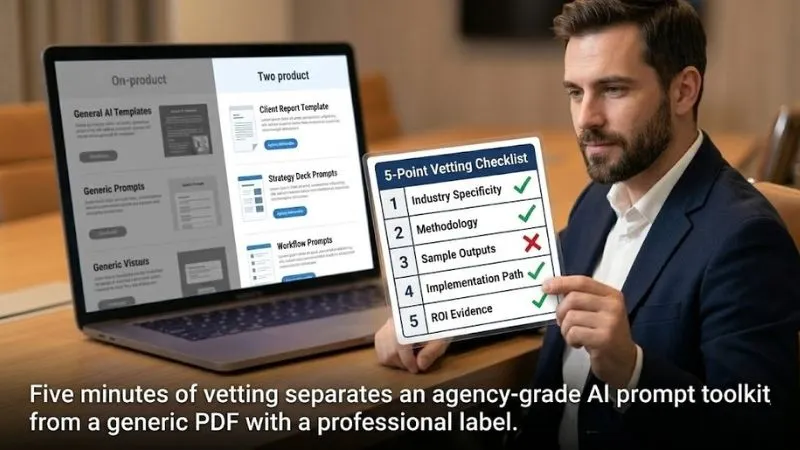 Agency professional using 5-point vetting checklist to evaluate agency level ai prompts download quality