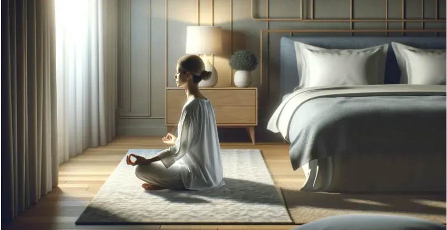 Image of a person meditating beside their bed, preparing for a restful night