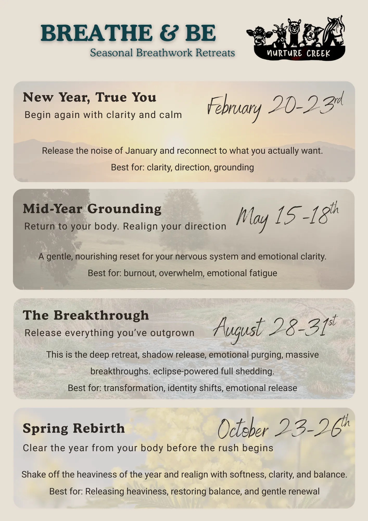 Breathwork retreats at nurture creek in 2026