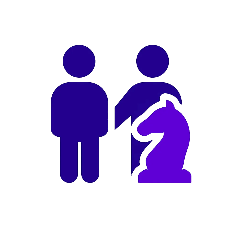 <alt=“Strategy and consulting icon featuring two people and a chess piece, symbolizing strategic marketing guidance from maxCEOS Digital.”>