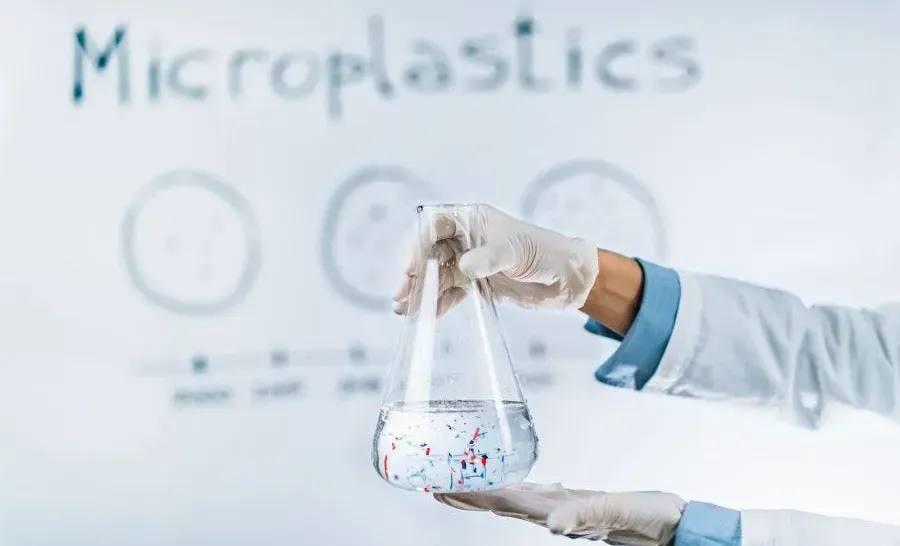 a scientist holding a large flask filled with water containing visible microplastic particles.