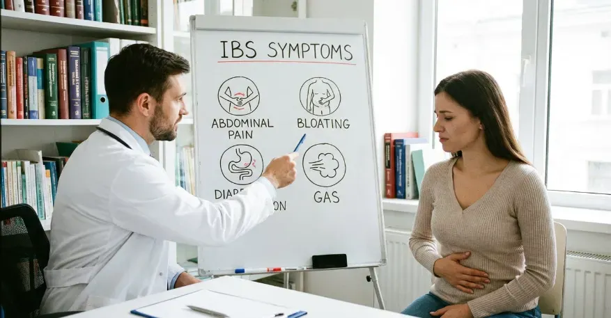 A doctor sitting with a patient in his office, pointing to a whiteboard. On the whiteboard is a simple infographic of IBS symptoms.