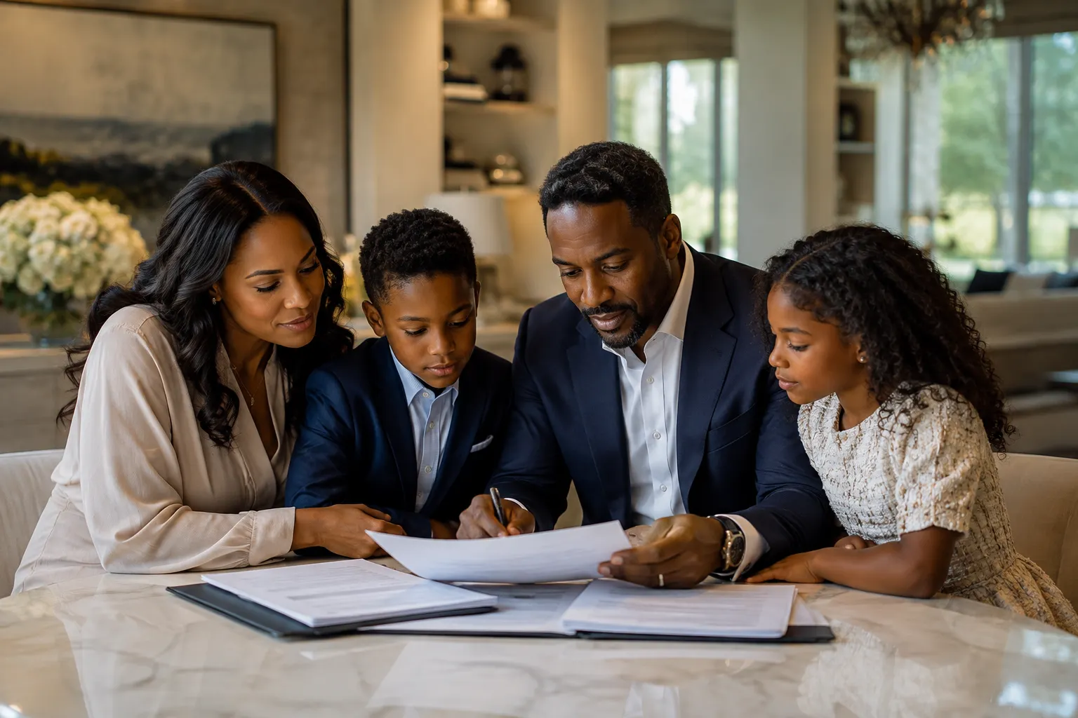 Melanated family reviewing documents.