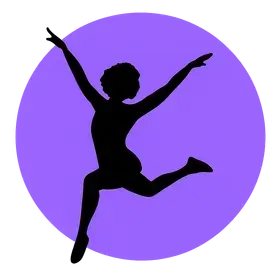 Minimalist wellness logo featuring the black silhouette of a joyful woman leaping with arms raised inside a glowing purple circle, symbolizing energy, freedom, movement, vitality, and empowered healthy living.
